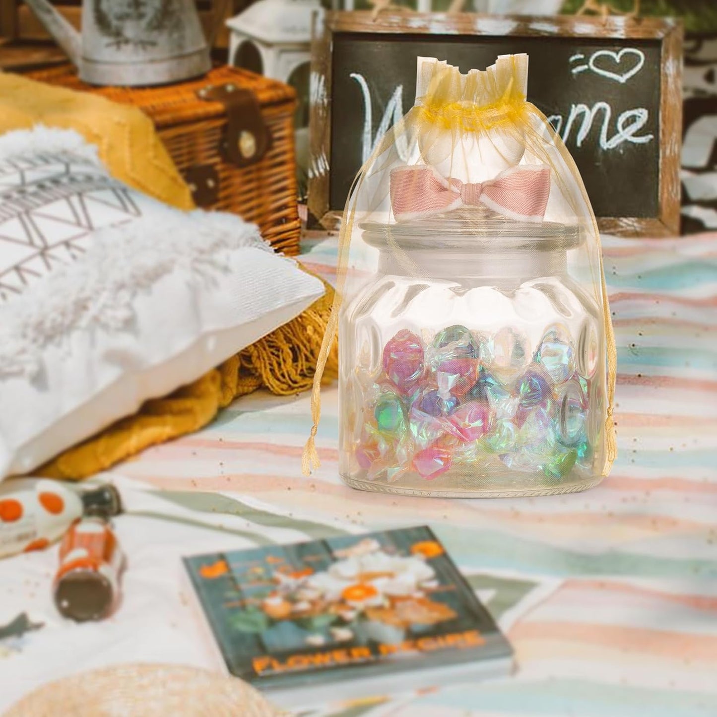 ANZNKU 100 Pack Large Organza Bags 6x9 Inch Mesh Gift Bags Drawstring Candy Bag Packaing Bag(Gold)