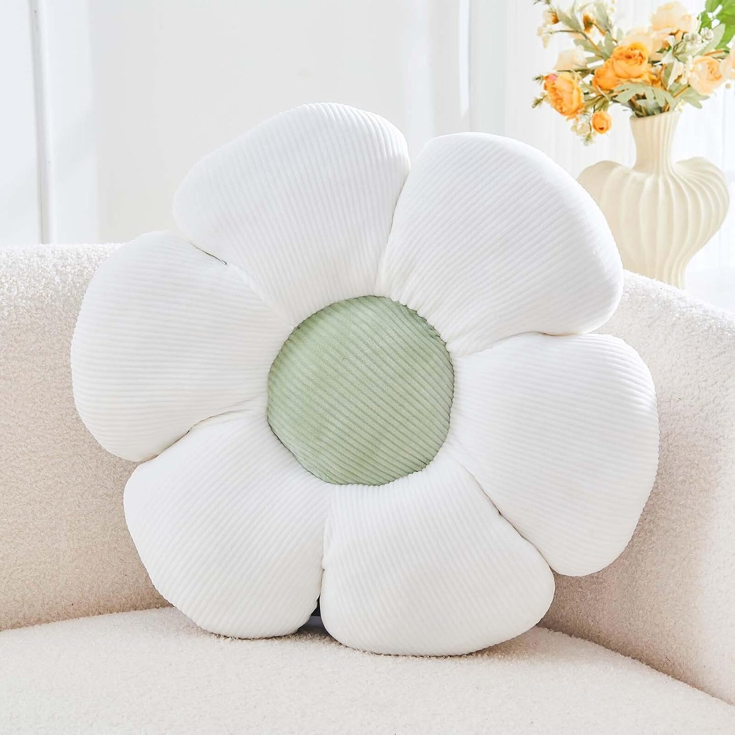 White Flower Pillow, 14.9" Cute Flower Shaped Floor Pillow, Aesthetic Floral Plush Daisy Decorative Throw Pillows for Bed Sofa Couch