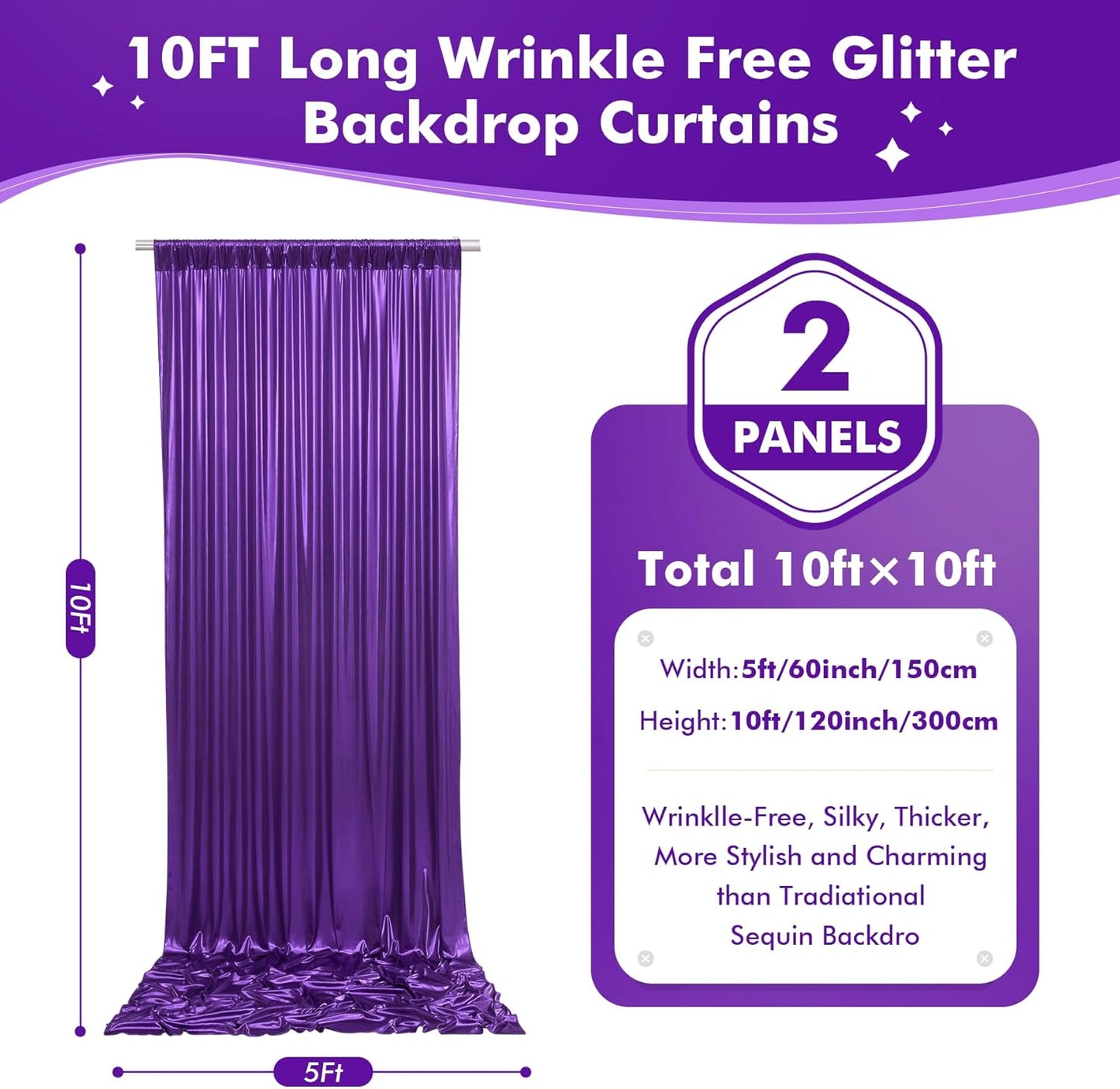 10ftx10ft Shimmer Purple Sequin Backdrop Curtain for Parties, Thick Wrinkle Free Glitter Backdrop Drapes Photo Back Drop Curtains for Birthday Wedding Halloween Photography Background-2 Panels 5x10ft
