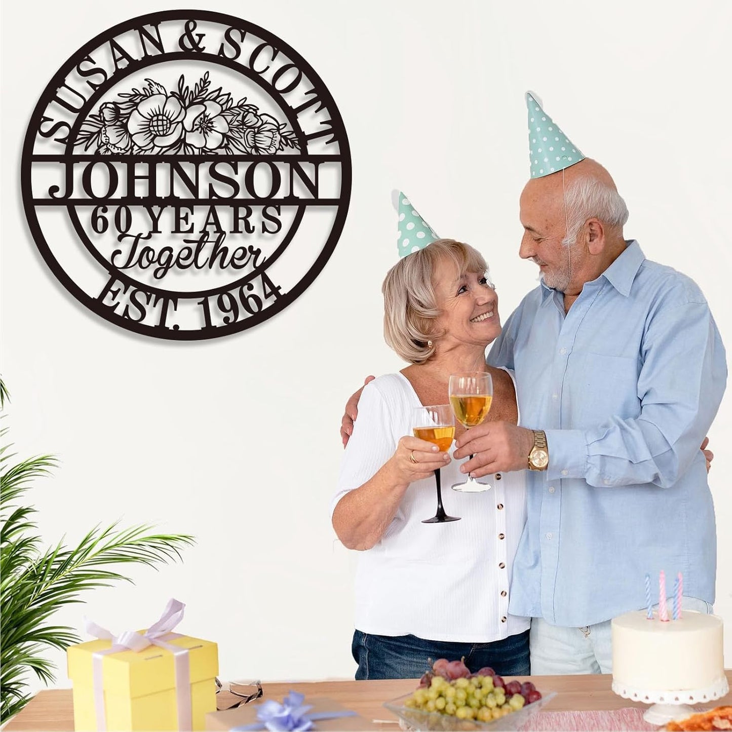 Custom 50th/40th/60th/70th/30th/1-99 Years Wedding Anniversary Sign Gifts for Couples Parents, Custom Metal Monogram Sign Personalized Family Name Signs (Flowers)