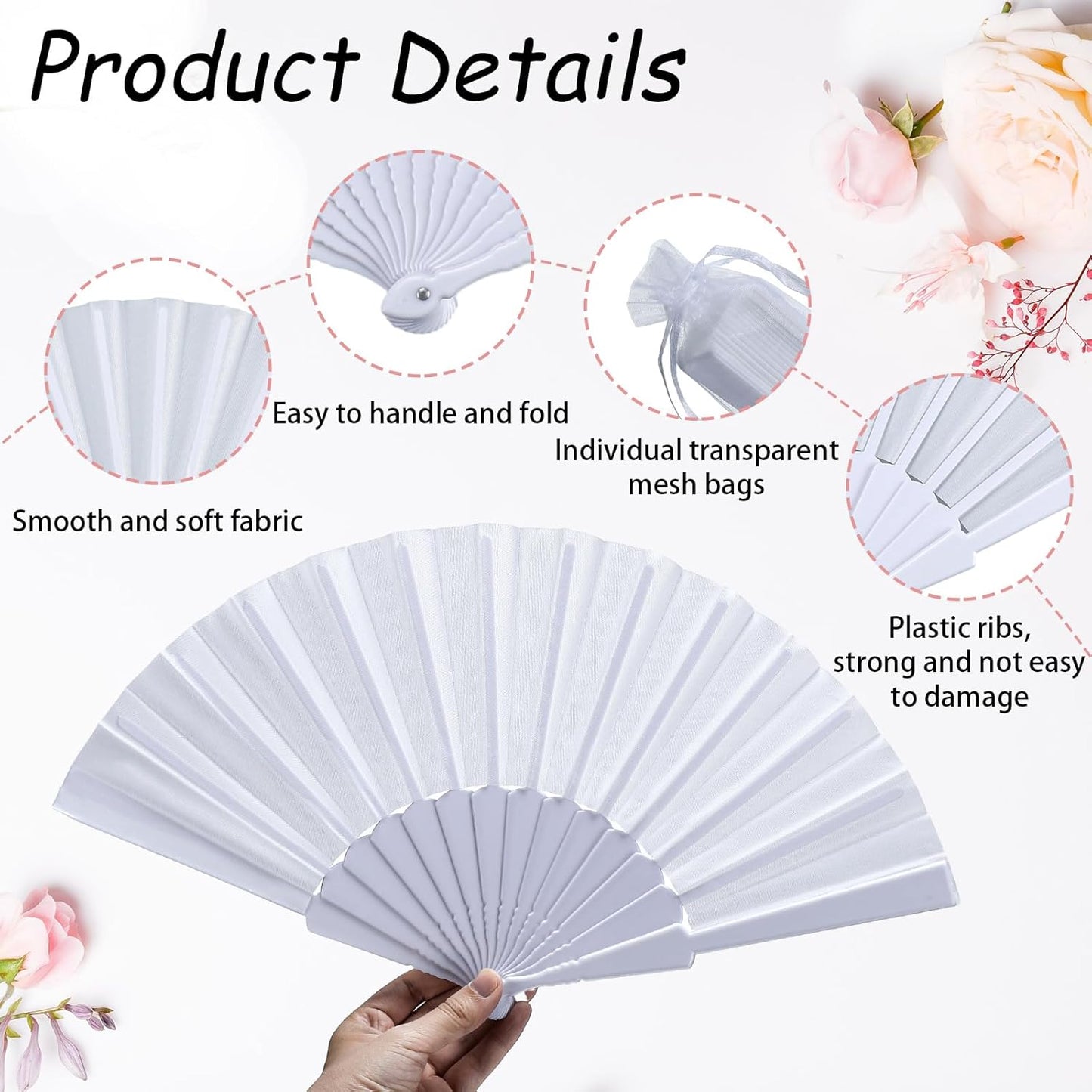 Wenqik 80 Pcs Wedding Folding Hand Fans Bulk Silk Fabric Chinese Handheld Foldable Clack Fans with Plastic Ribs for Party, Wedding Gifts, Line Dancing, Home Decorative (White)