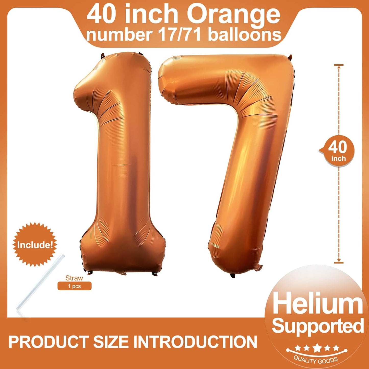 Number 17 Giant Orange 40 Inch Foil Helium Balloons for 17th Birthday Party & Anniversary Events