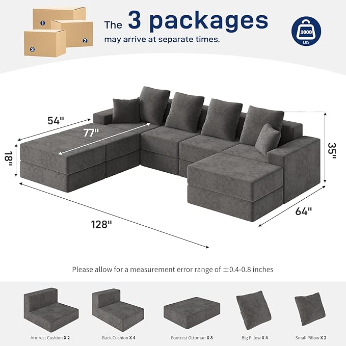 Living&Giving 128" U-Shaped Cloud Sectional Couch - Image 2