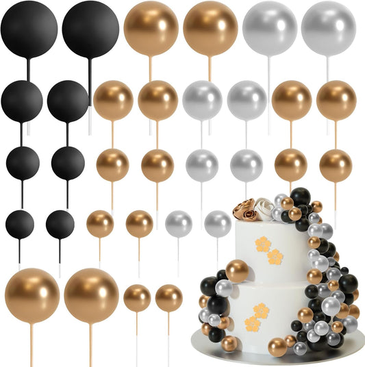 ASTARON 32 Pcs Ball Cake Topper Decorations Mini Balloons Cake Topper Sticks Foam Balls Cake Picks for Graduation Wedding Party Birthday Cake Decorations (Gold Silver Black)