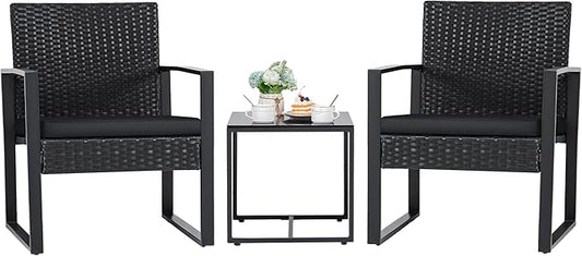 Flamaker 3 Pieces Outdoor Patio Wicker Furniture Set, Modern Rattan Chair by Flamaker