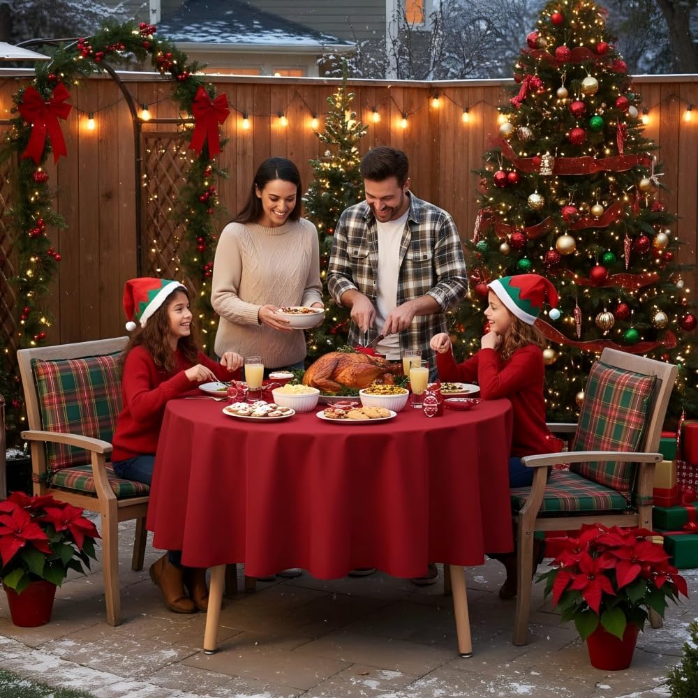 sancua Round Tablecloth - 70 Inch - Water Resistant Spill Proof Washable Polyester Table Cloth Decorative Fabric Table Cover for Dining Tables, Buffet Parties and Camping, Red