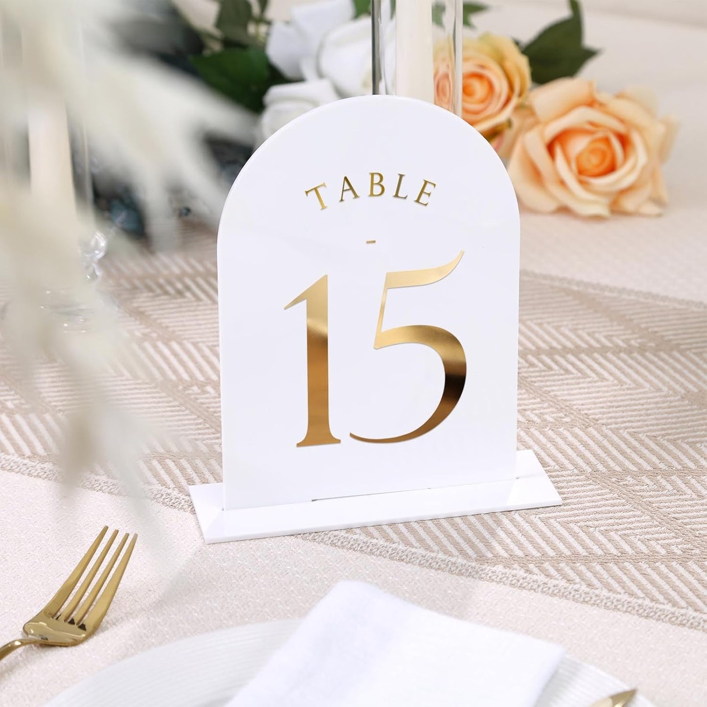 UNIQOOO White Arch Wedding Table Numbers with Stands 1-15, Gold Foil Printed 5x7 Double sided Acrylic Signs and Holders, Perfect for Centerpiece, Reception, Decoration, Party, Anniversary, Event