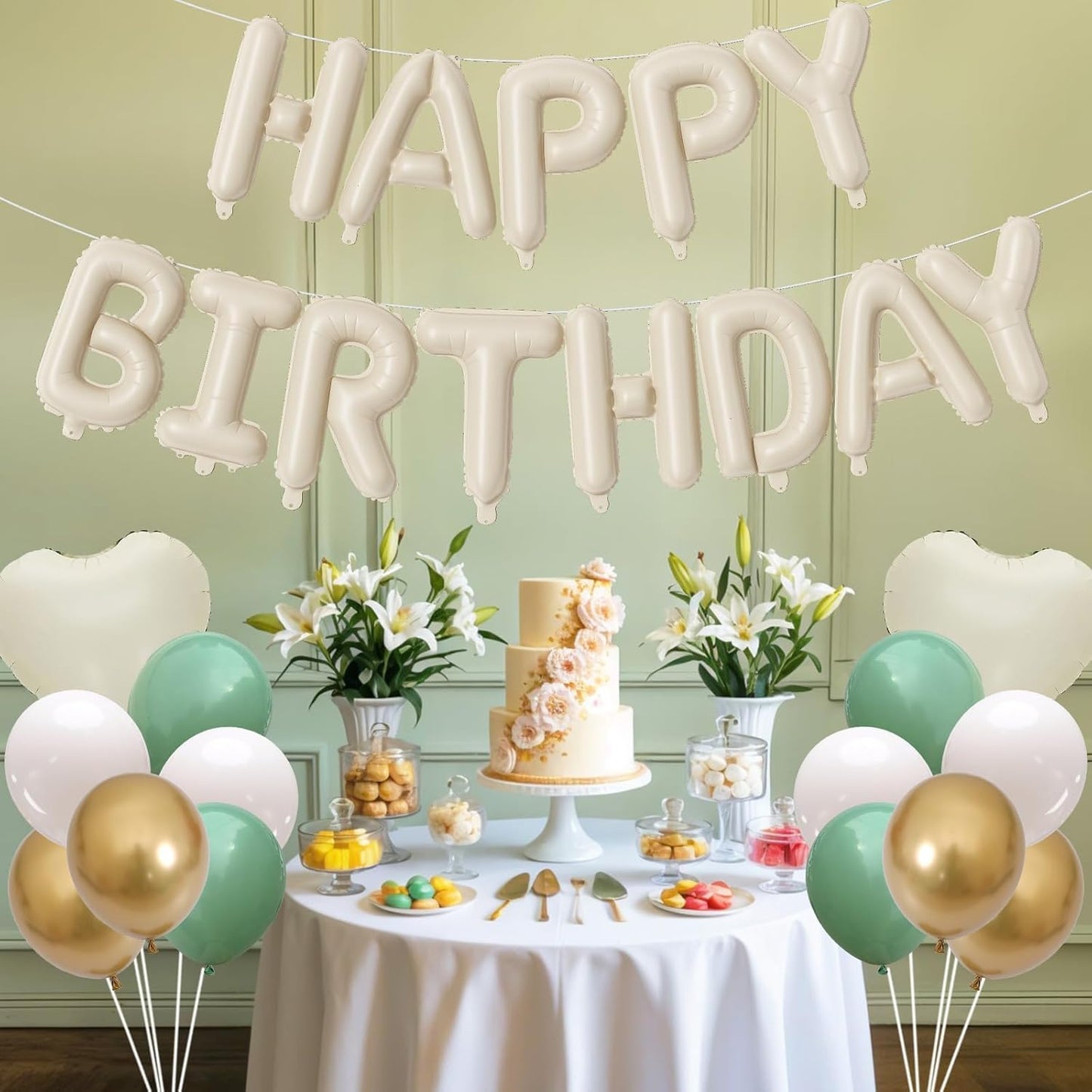 Happy Birthday Balloon Banner Cream Green, 16 Inch Beige Mylar Letters Heart Foil Balloons Sage Olive Green Ivory Metallic Gold Balloons Boho Neutral Birthday Decorations for Girls Women Boy Men