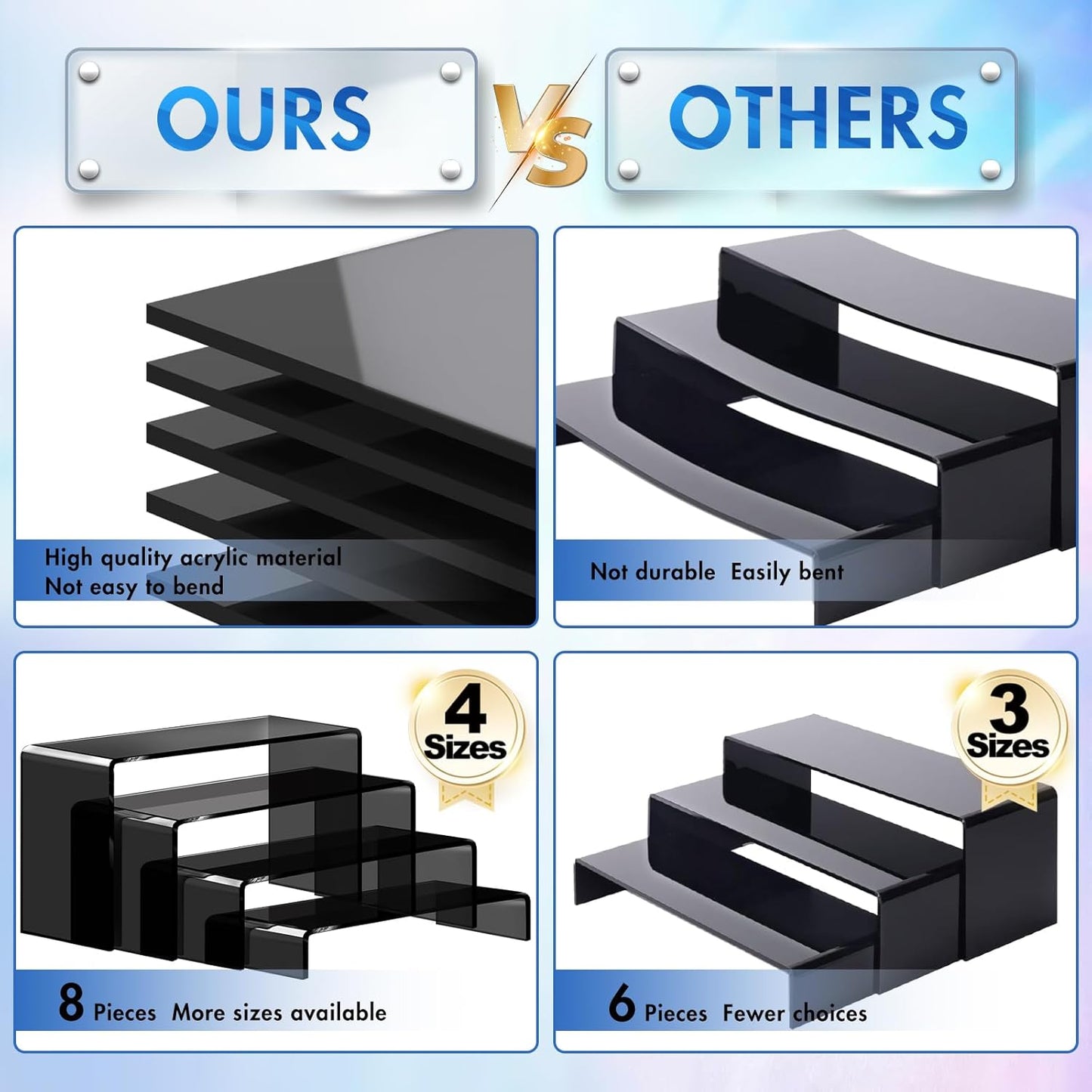 Aheroi Acrylic Risers, 8 Pcs 2 Set(7”L~8”L~9”L) Display Risers, Black Arylic Display Stands Acrylic Shelf Riser, Display Holders for Vendor Events, Cupcake Stands, Toys Display Clear Shelves