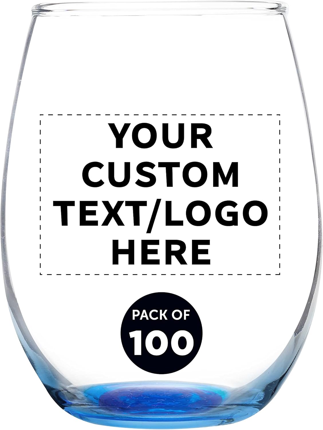 Custom Stemless Wine Glass 9 oz. Set of 100, Personalized Bulk Pack - Great for Wedding Favors, Bachelorette Party Decorations, Party Favors, Color Bottom - Blue
