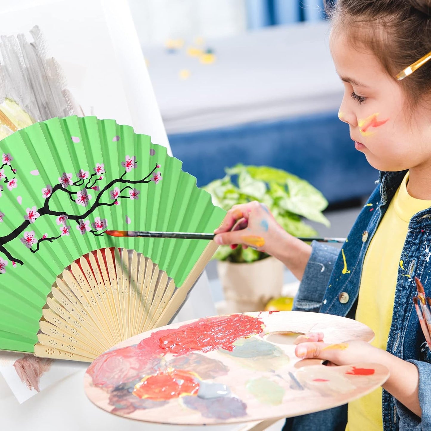 80 Pieces Paper Hand Fan and Organza Hand Fan Bags Bamboo Folded Hand Fan Paper Handheld Fans for Wedding Party and Home Decoration Church Wedding Gift, Party Favors, DIY Decoration(Multicolor)