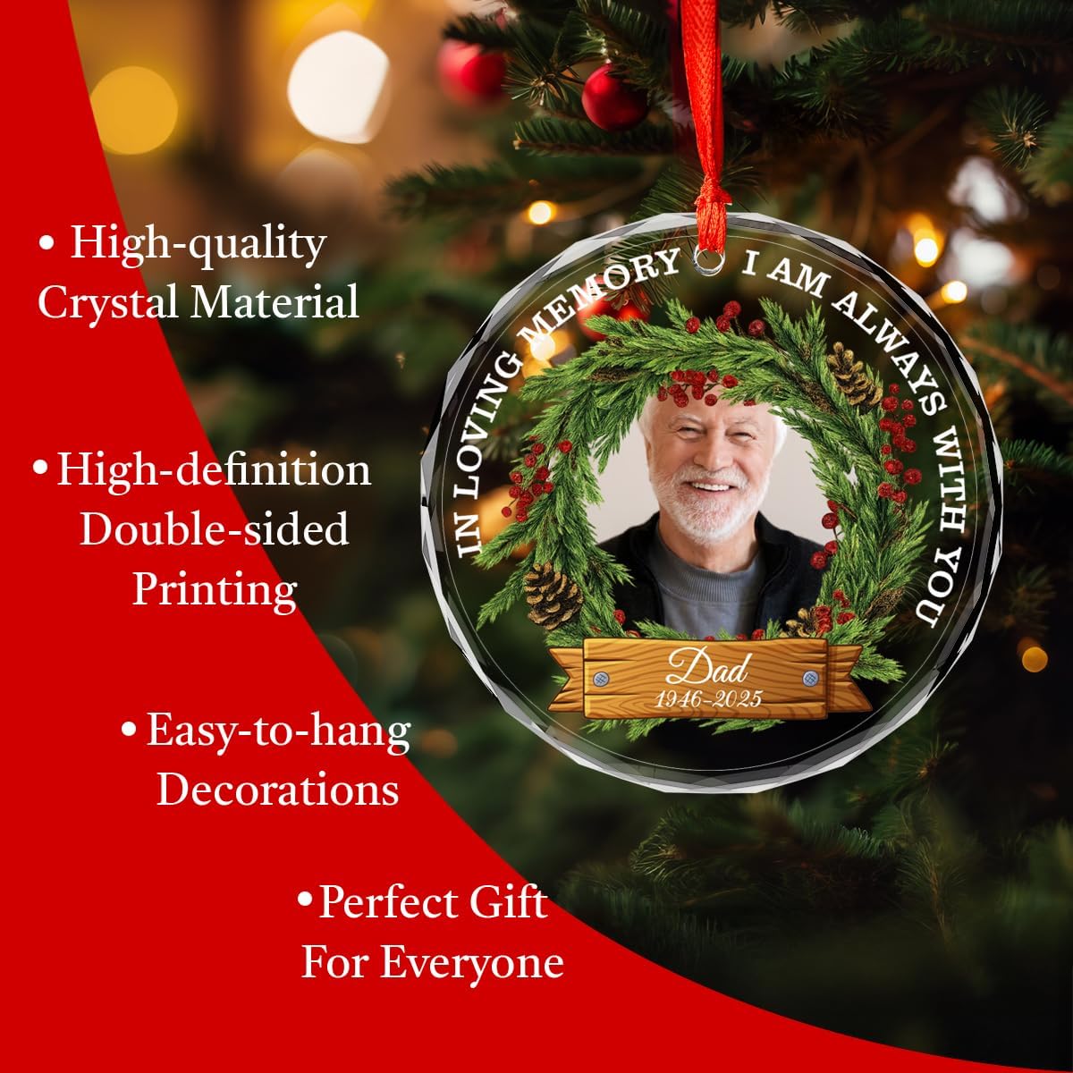 Personalized Memorial Glass Ornament 2025 – I Am Always with You Ornament, Custom Photo Memorial Christmas Ornament, Christmas|Birthday|Anniversary Keepsake for Loss of Loved One (M4)