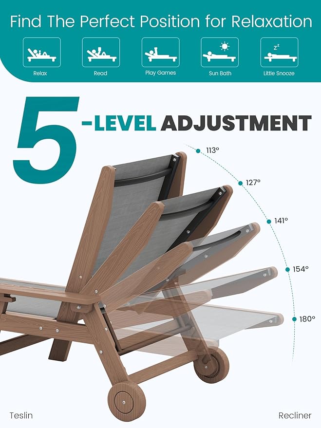 SERWALL Textilene Patio Chaise Lounge Chair, 5 Positions Adjustable Outdoor - Image 7