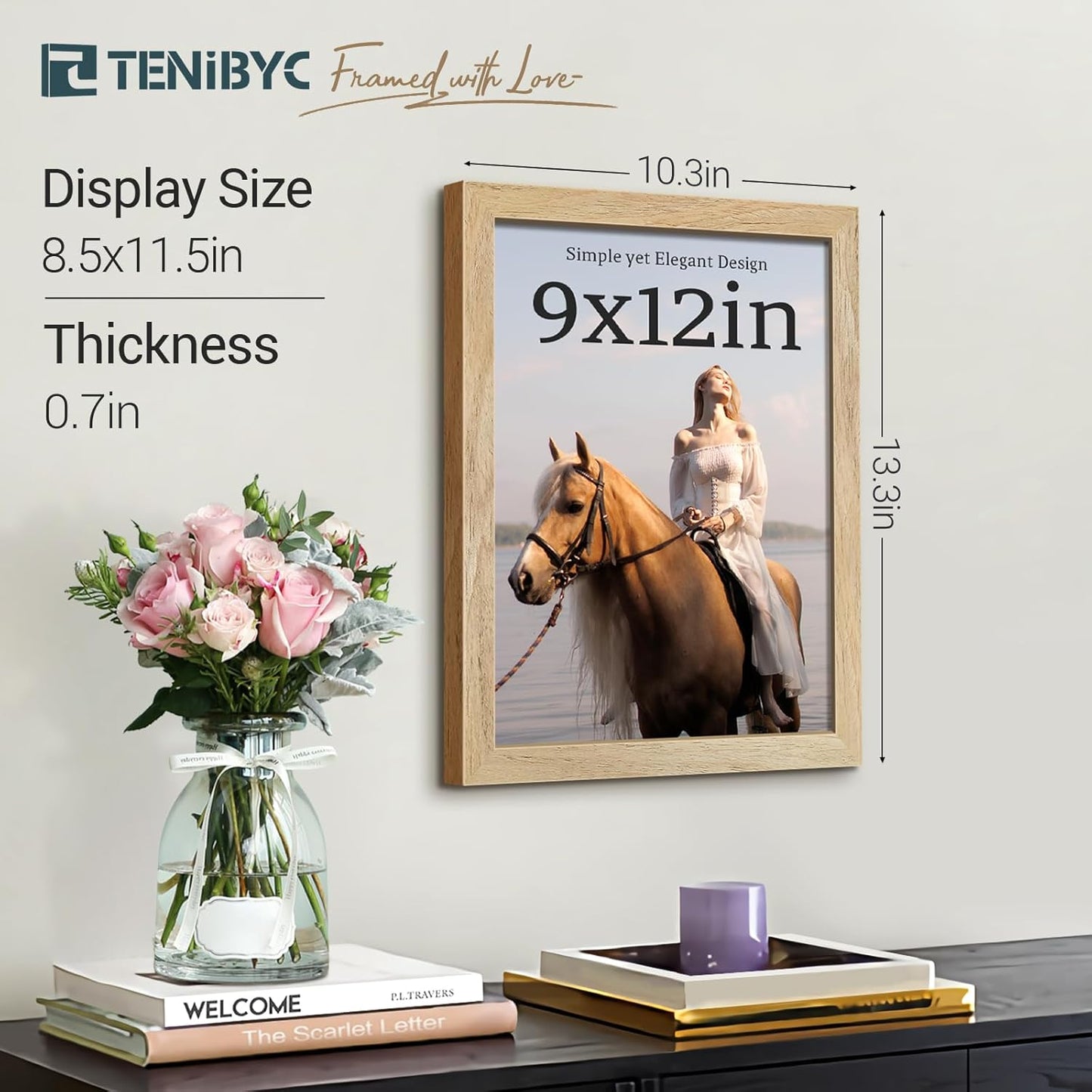 9x12 Frame 4 Pack - Natural Woodgrain, 9 x 12 Picture Frame with HD Tempered Glass, able or Wall Display