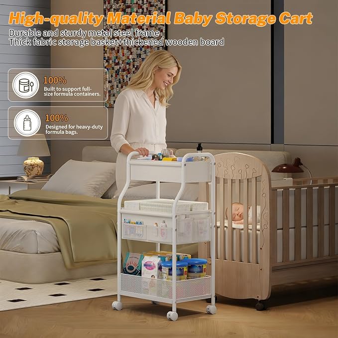 3-Tier Diaper Caddy Organizer & Rolling Cart, Metal Utility Cart - Image 4
