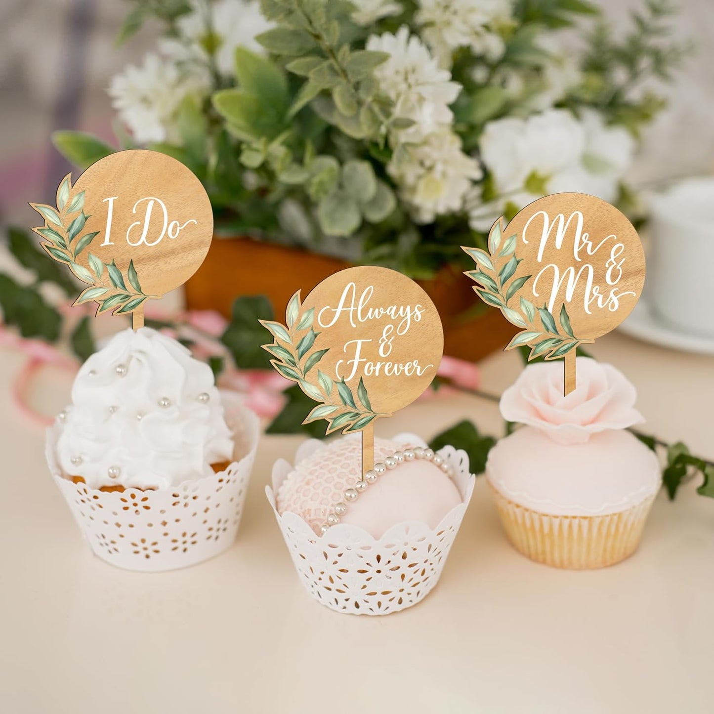 12 PCS Wedding Cupcake Toppers Green Mr & Mrs Wedding Cake Cupcake Decorations in Wood