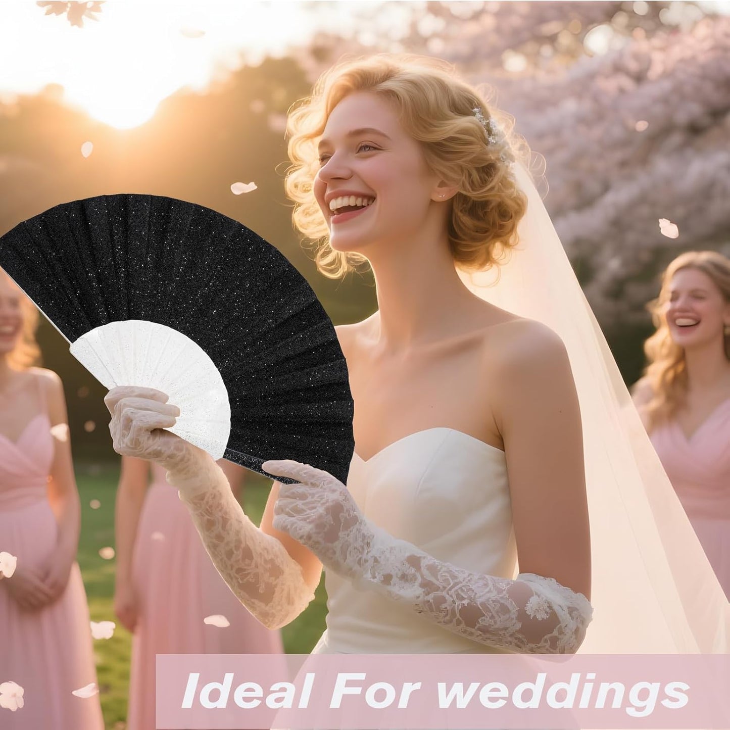 12 Pack Handheld Fan,Folding Hand Glitter fan with Shining Transparent Fan Rib – Ideal for Wedding, Church, Festival, Dance, Tea Party, Club, and EDM Accessories, Black