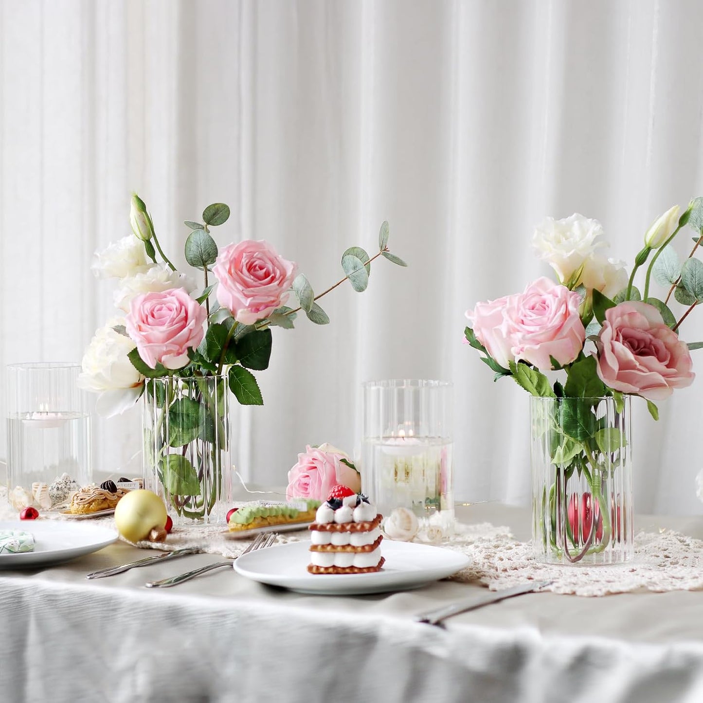 12Pcs Glass Cylinder vases for Centerpieces, 6 Inches Clear Ribbed Bud Vases for Wedding Decorations,Floral Vase Bulk Flower vases,Tall Glass Hurricane Candle Holder for Table Shelf, Party(Ribbed)