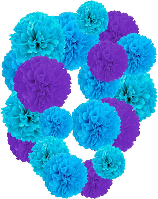 Blue and Purple Paper Pom Poms,10",12" Tissue Pom Poms for Party Hanging Decorations - 12 PCS