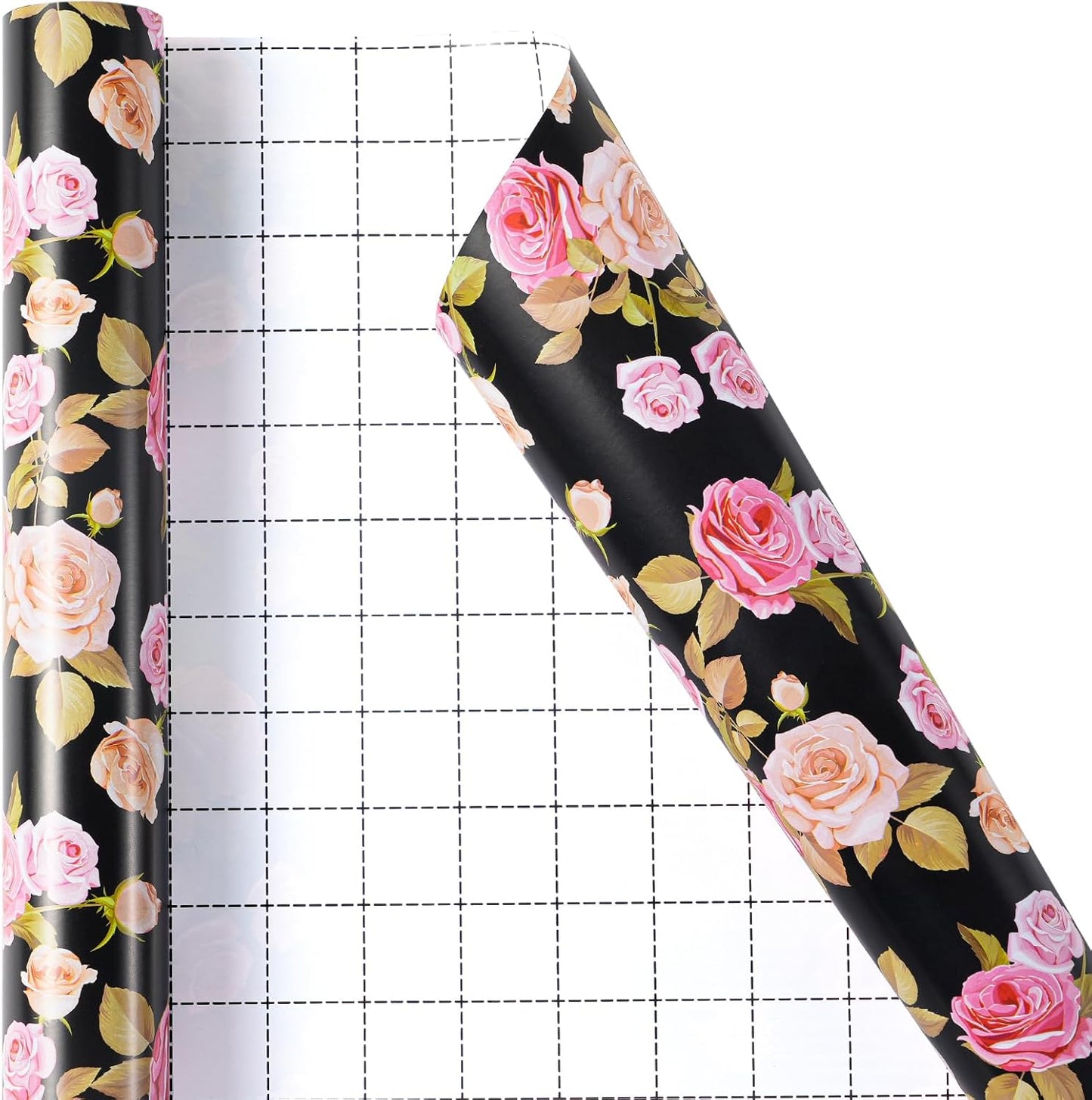Ulmasinn Floral Wrapping Paper Roll - 17 Inches x 33 Feet - Vintage Romantic Pink Rose Flower Gift Wrap with Cut Lines for Wedding, Birthday, Bridal Shower, Mother’s Day
