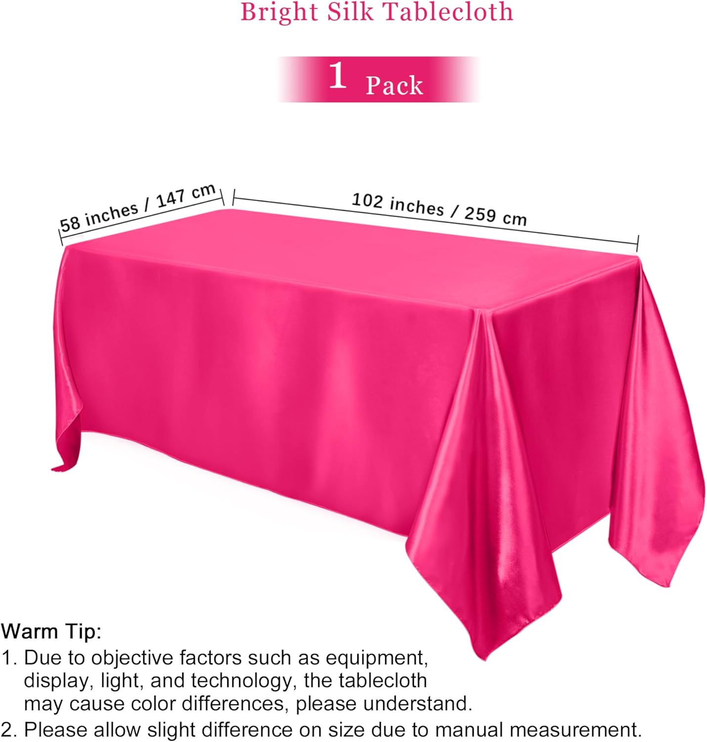 TURSTIN 1 Pack Hot Pink Satin Tablecloth 102 x 58 Inch Overlay Satin Table Cover Rectangle Bright Silk Tablecloth Smooth Fabric Table Decoration for Wedding Banquet Party Events