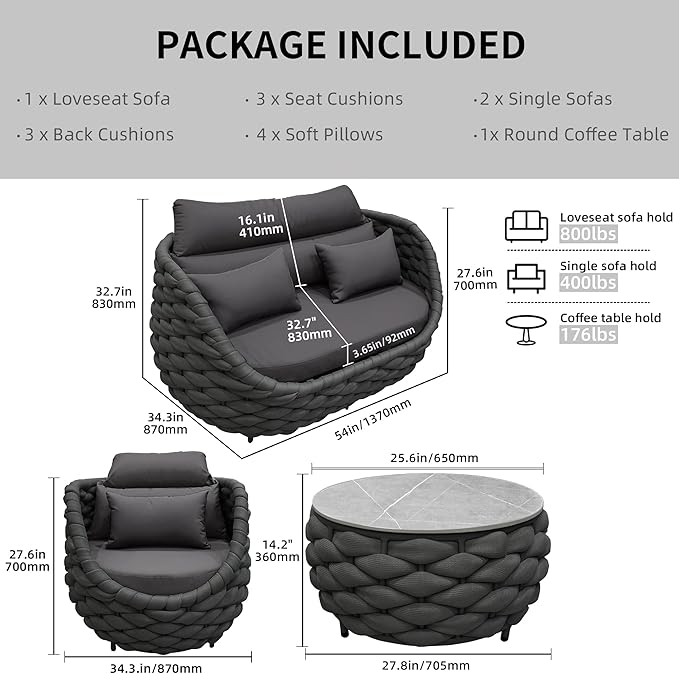 TWT Patio Furniture Set 4 Pieces Aluminum Outdoor Furniture w/27.8in Coffee - Image 3