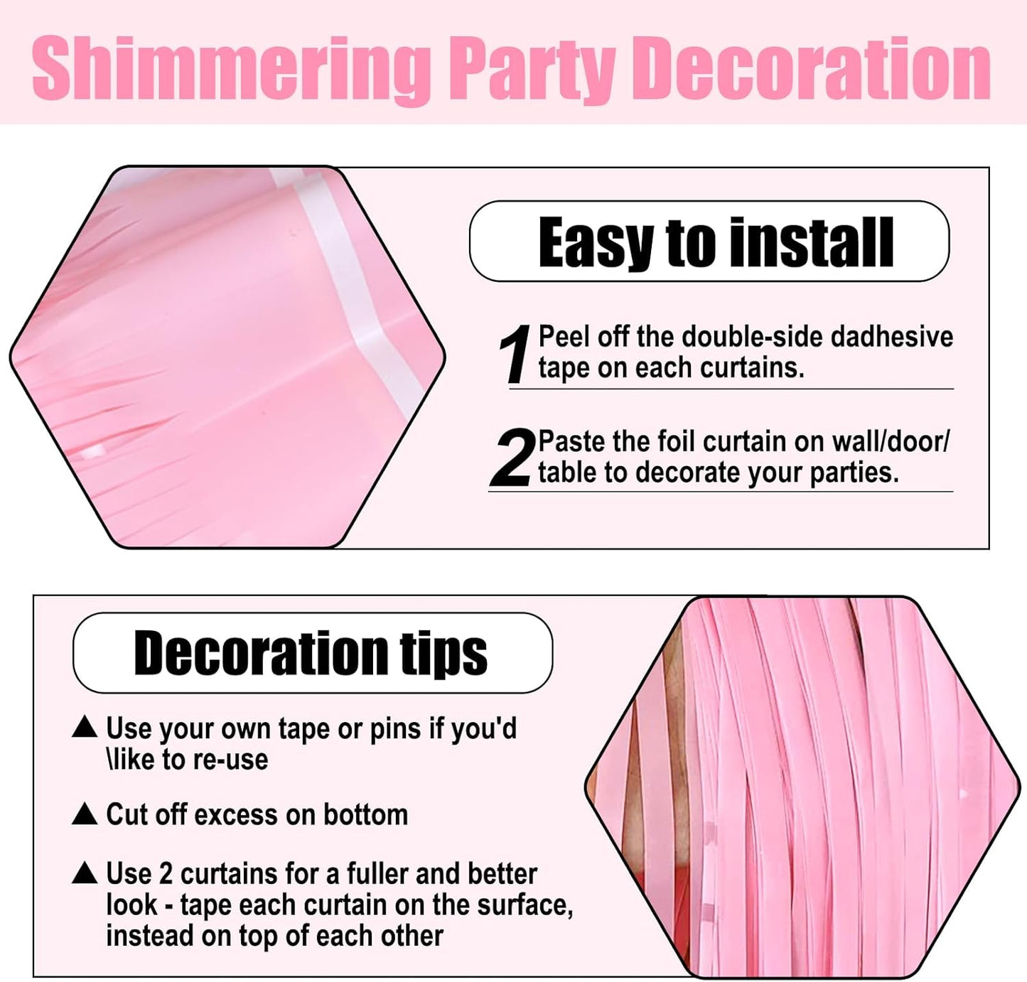 3 Pack Macaron Pink Foil Fringe Curtain Backdrop, 3.28Ft x 8.2Ft Metallic Tinsel Foil Fringe Streamer Curtains for Photo Booth, Christmas Day, Thanksgiving, Wedding, New Year Party Decorations