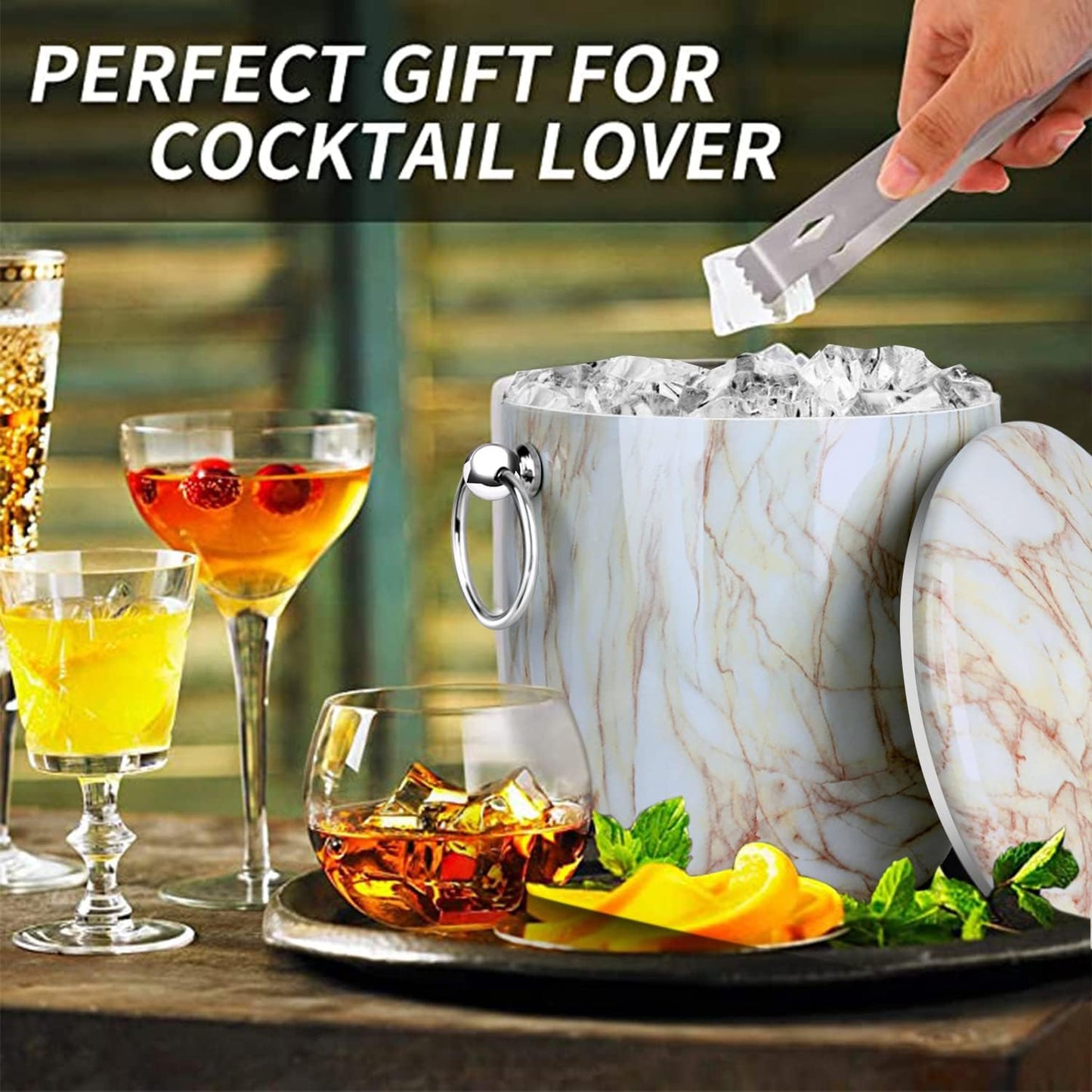 Ice Bucket with Lid, Scoop, Tongs and Strainer - Well Made Insulated Stainless Steel Keep Ice Frozen Longer - Ideal for Cocktail Bar, Parties, Chilling Wine, Champagne - 3 Liter (CarraraMarble)