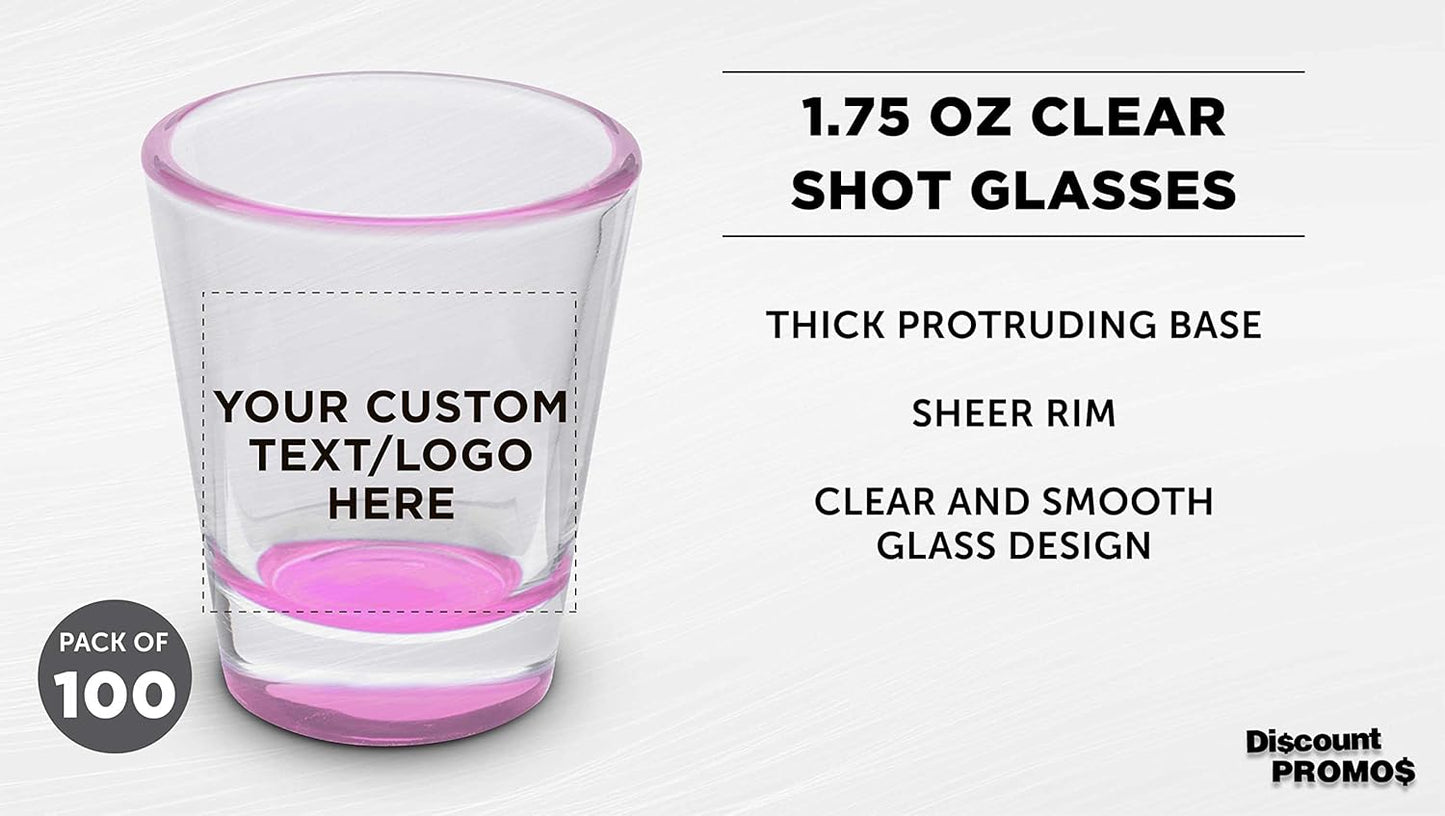 Custom Shot Glasses 1.75 oz. Set of 100, Personalized Bulk Pack - Great for Wedding Favors, Bachelorette Party Decorations, Party Fovors, Color Bottom - Pink