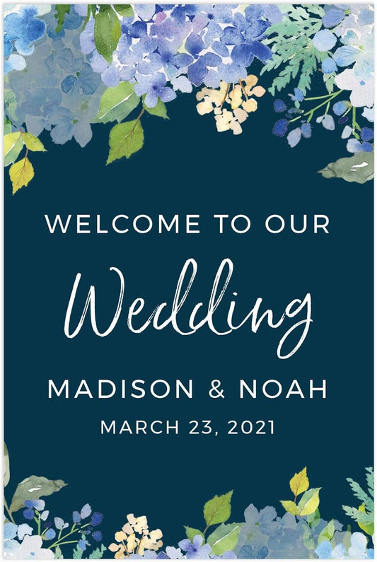 Andaz Press Personalized Extra Large Wedding Easel Board Party Sign, 12x18-inch, Baby Blue Hydrangea Floral Flowers on Navy Blue, Welcome to Our Wedding Bride Groom Name Date, 1-Pack, Custom