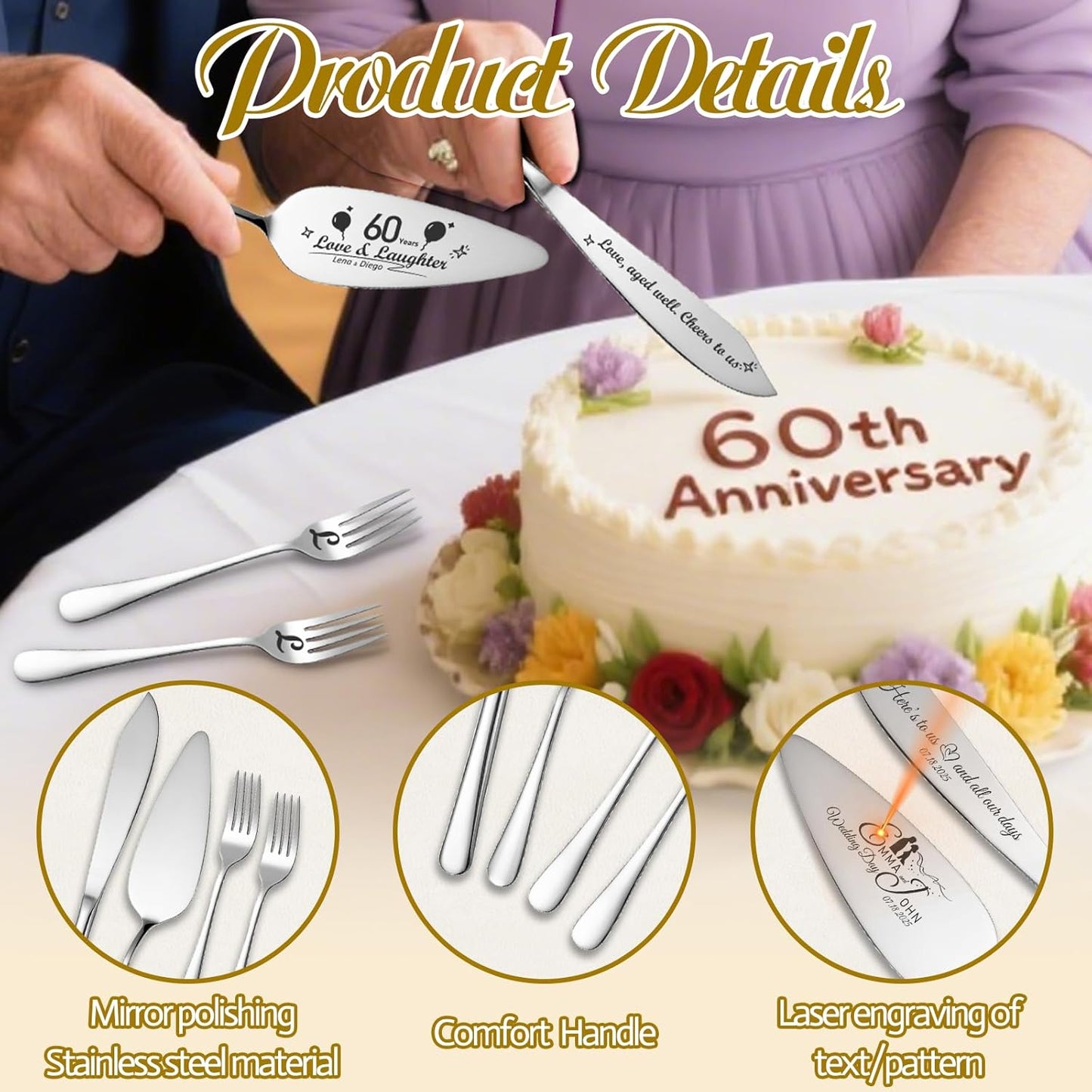 Personalized 4 Piece Wedding Cake Cutting Set, Custom Names Cake Knife and Server set with Forks, Anniversary Birthday Bridal Wedding Registry Gifts (Silver)