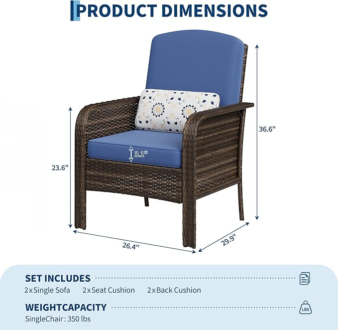 Garvee Outdoor Wicker Chairs, 2 Pieces Patio Furniture Set, All Weather High - Image 2