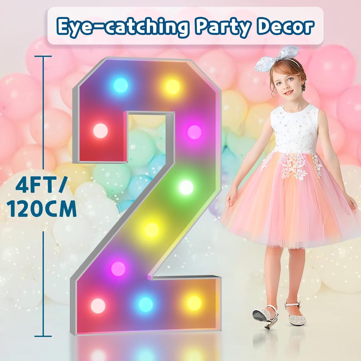 imprsv 4FT Colorful Marquee Numbers,18 Colors Number 2 with Remote, Light Up Numbers Sign for 20th Birthday Decorations Anniversary Party Decor, Pre-Cut Foam Board Kit, Mosaic Sign for Balloon