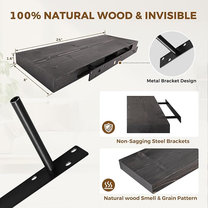 24x8x1.6 inch Floating Shelves Set of 2 – Solid Wood Rustic Black Wall Mounted - Image 4