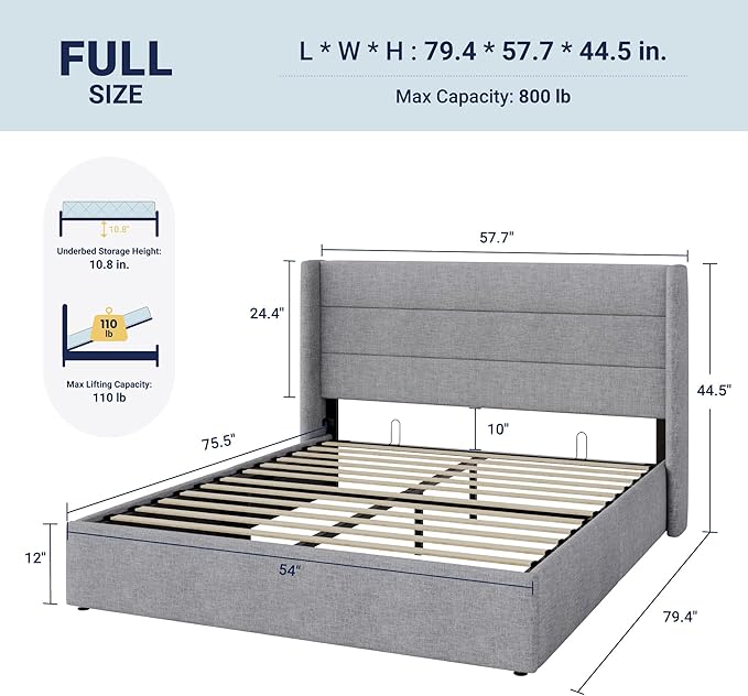 Allewie Full Size Lift Up Storage Bed, Modern Wingback Headboard, Hydraulic - Image 2