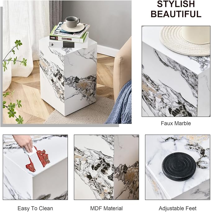 End Table, Side Table Living Room Table, Faux Marble Sofa Couch White Bedside - Image 4