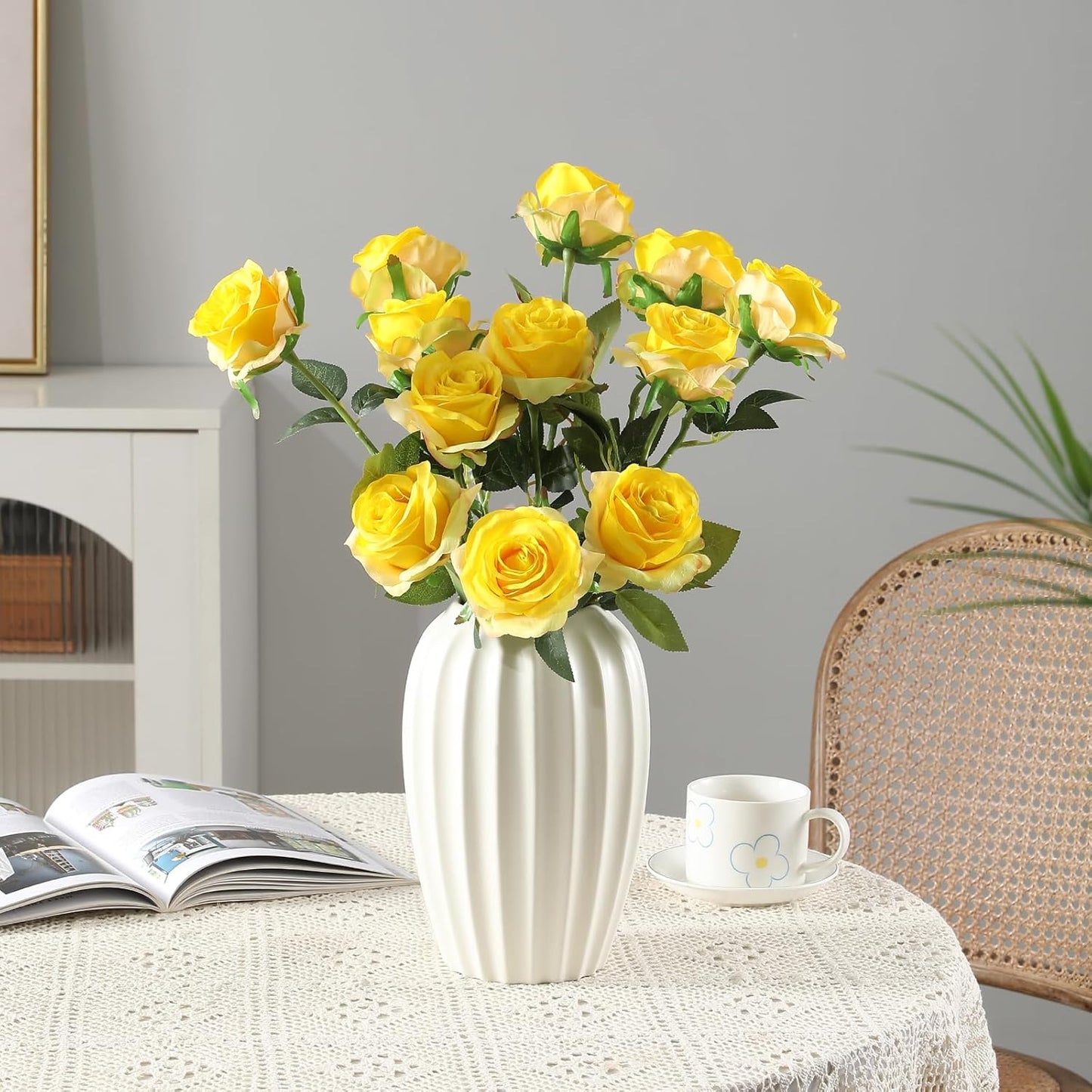 Tifuly Yellow Roses Artificial Flowers -12 pcs Realistic Single Long Stem Fake Silk Roses Bouquet for Party Home Wedding Centerpiece Office DIY Decor