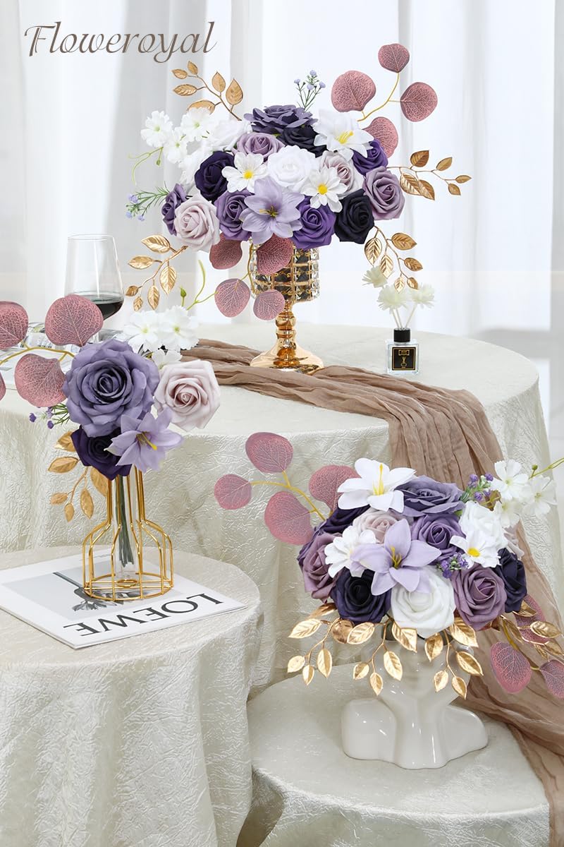 Floweroyal Artificial Flowers Combo Purple Flowers Mix Silk Flowers Fake Roses with Stems for DIY Wedding Bridal Bouquets, Baby Shower, Floral Arrangement, Table Centerpieces, Home Decorations