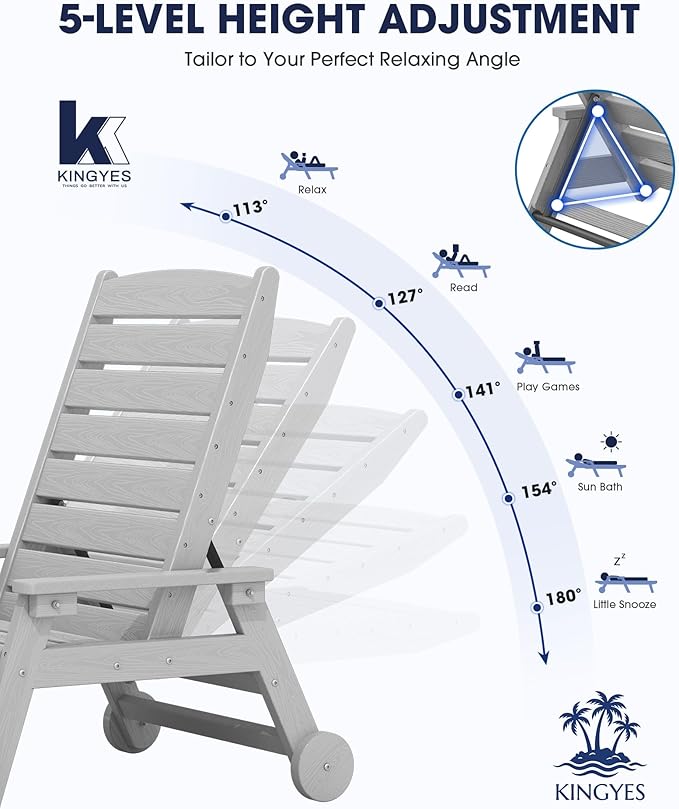 KINGYES HDPE Lounge Chair Outdoor Set of 4, Patio Chaise Lounge Recliner - Image 3