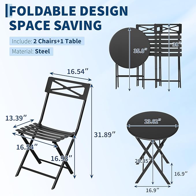 GarveeTech 3-Piece Folding Bistro Set, Heavy Duty Outdoor Patio Furniture - Image 4
