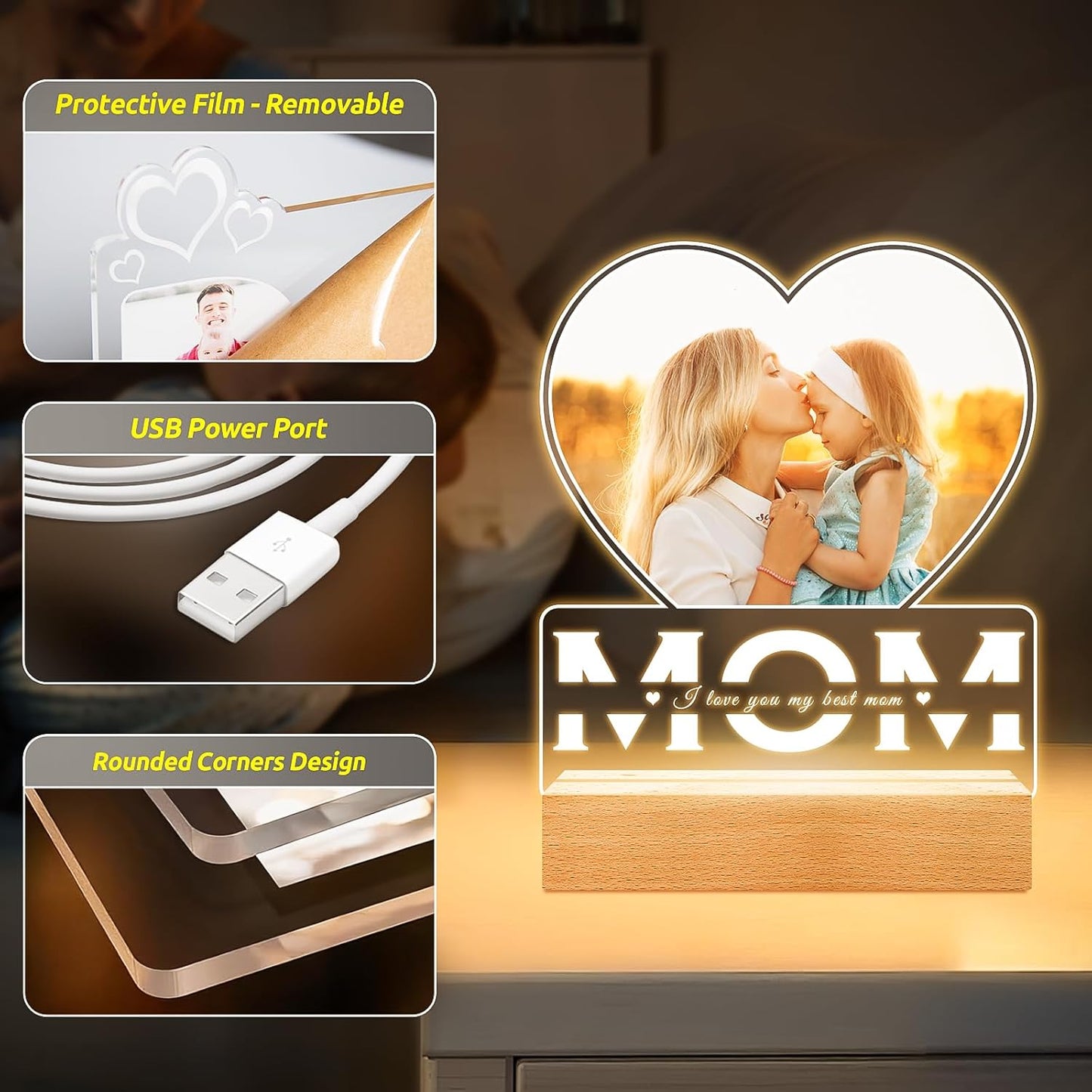Personalized Gifts for Mom from Daughter and Son, Custom Picture Frames with Photo, Custom Photo Frame with Night Light, Customized Heart Picture Frame, Personalized Mom Birthday Gifts
