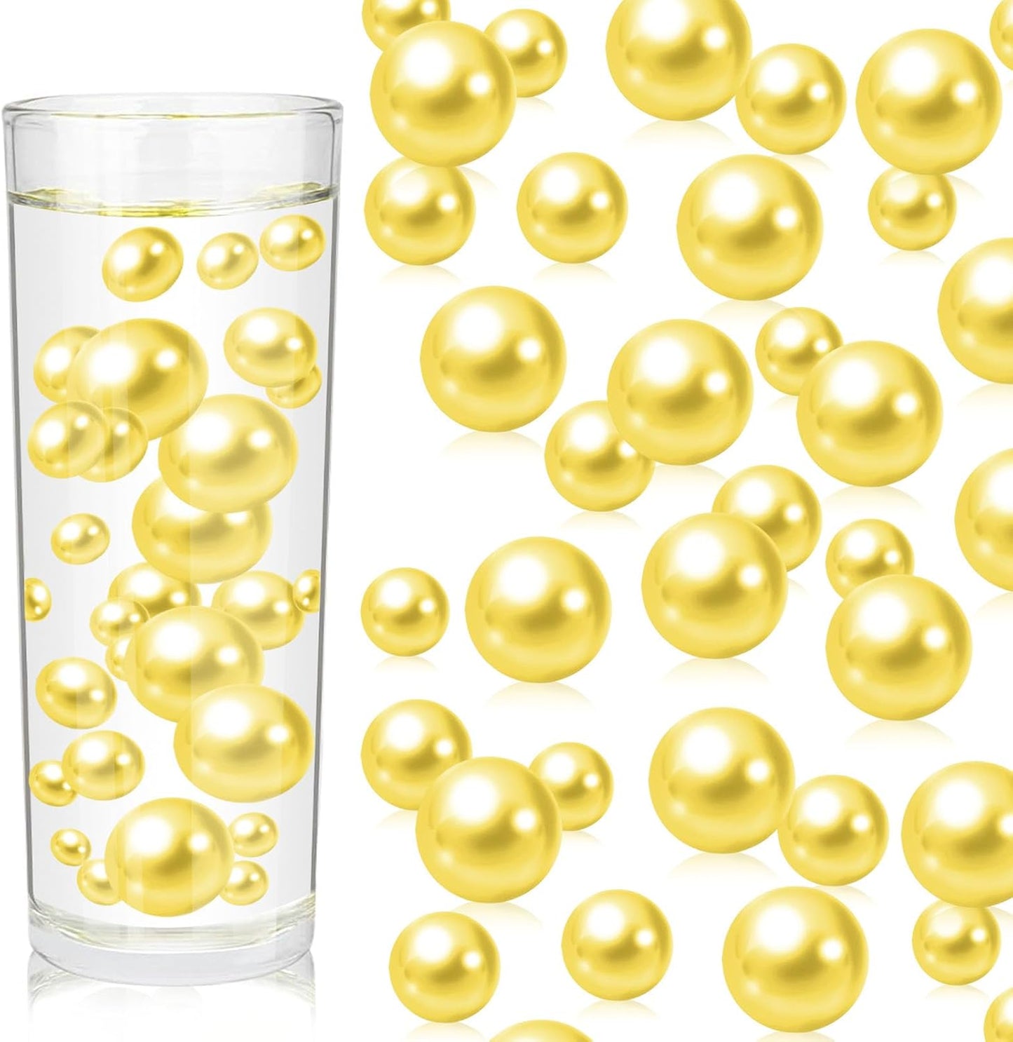 100PCS Yellow Faux Pearls Beads for Centerpiece Vases, Vase Filler Faux Pearls, No Holes Filler Beads for Party Anniversary Birthday Wedding Table Decor, 14/20/30mm