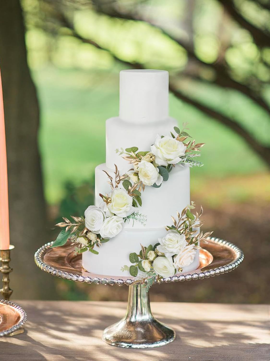 Rinlong 3Pcs Pre-made Cake Toppers Flowers Cake Decorations Wedding Cake Decorating Flowers Decor Christening Birthday Baptism Baby Shower Party Cake Topper Flower Arrangements White Gold