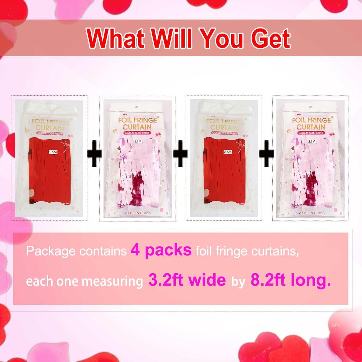Valentines Backdrop Decorations - 4 Pack of 3.2x8.2ft Red Pink Foil Fringe Curtains Streamers Backdrop for Birthday Valentines Decor