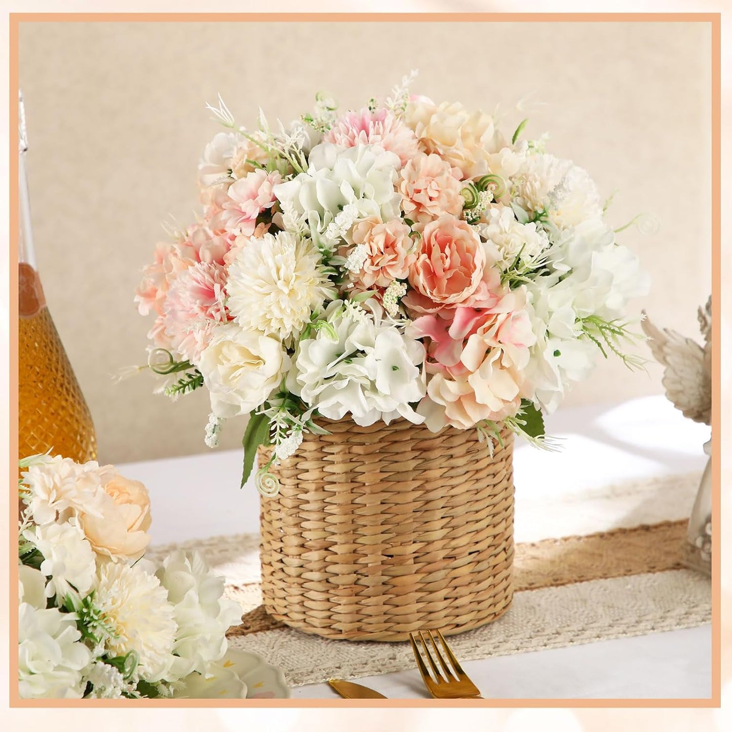 Tigeen Artificial Flowers Artificial Peonies Silk Flowers Faux Peony Fake Peony Silk Hydrangea Bouquet for Wedding Table Centerpiece Floral Vase Decor(White,Pink,6 Bundles)