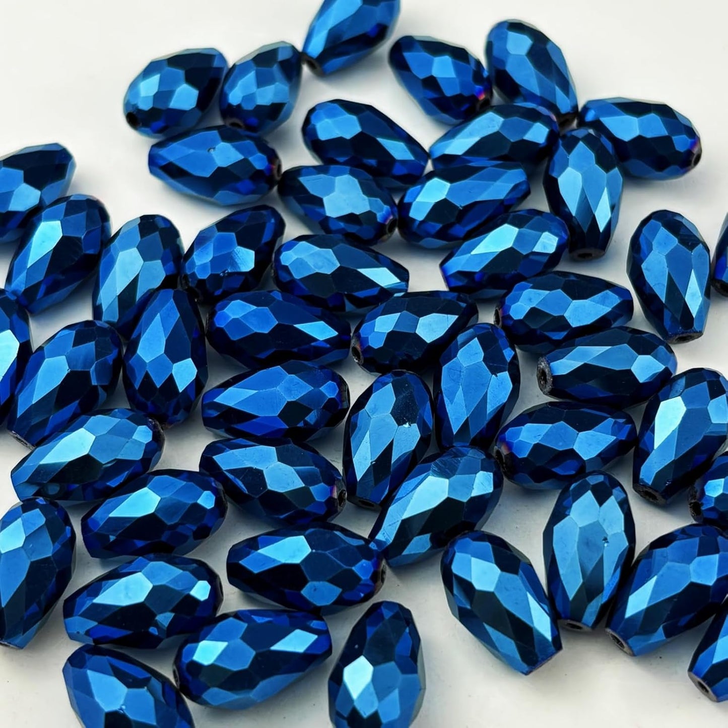 50pcs 10x15mm Teardrop Crystal Glass Beads for Jewelry Making, Faceted Vertical Hole Teardrop Glass Spacer Beads for Wind Chimes Bracelet Earring Necklace DIY Craft(Blue Light)