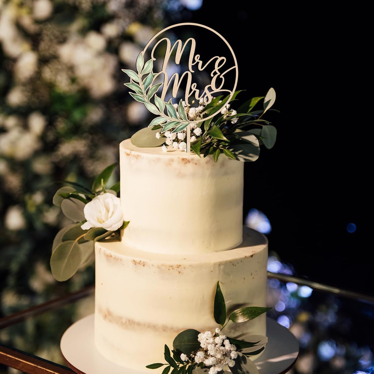 Mr & Mrs Cake Topper Greeny Wedding Cake Topper in Wood (Design 02)