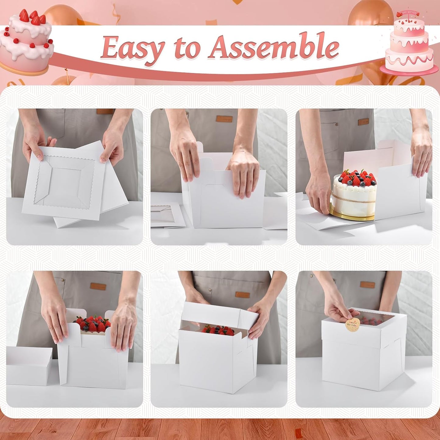 12Pcs 8x8x8 Inches Cake Boxes, White Square Bakery Boxes with Window, Disposable Cake Carrier Container for Pastries, Pie, Cookies, Chocolates, Cupcakes, Birthday Party, Wedding