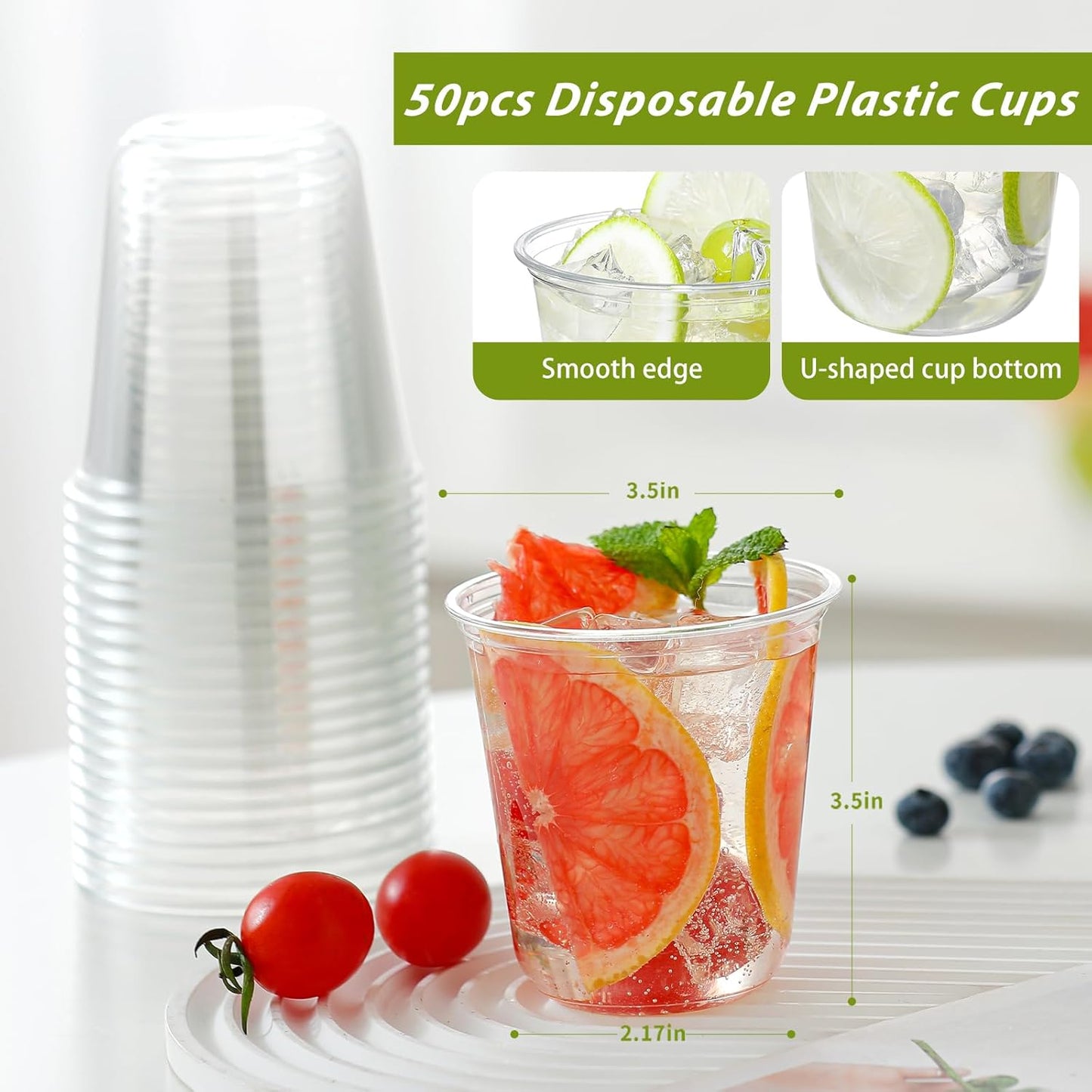 50 Pcs 12oz Disposable Stemless Clear Plastic Cups Crystal Plastic Wine Glasses Round Bottom Cold Drinking Cocktail Party Cups for Meeting Weddings Birthdays Christmas Party Supplies