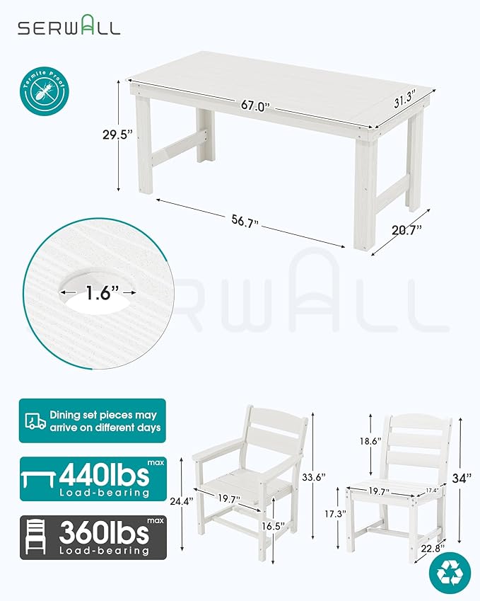 SERWALL Outdoor Dining Table Set, 67‘’ HDPE Patio Dining Set - Image 2